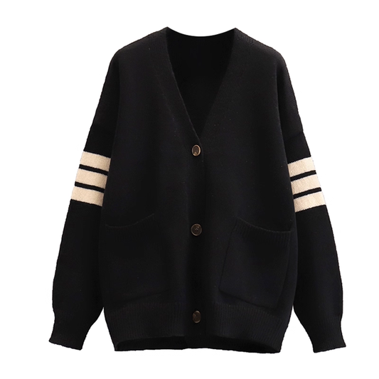 Lazy Style Knitted Cardigan Jacket For Women In Autumn, Loose And Belly-Covering, Slimming Black Sweater YM2281