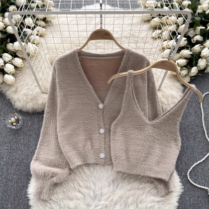 Fashion plush suit autumn and winter camisole + cardigan jacket sweater suit YM538