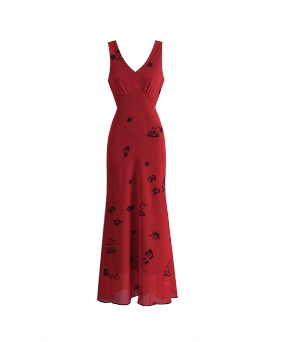 Retro Red V-neck Suspender Holiday Dress Long Birthday Dress YM2317