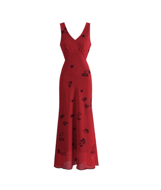 Retro Red V-neck Suspender Holiday Dress Long Birthday Dress YM2317