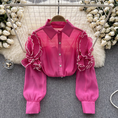 women's summer three-dimensional flower long sleeve mesh blouses YM353