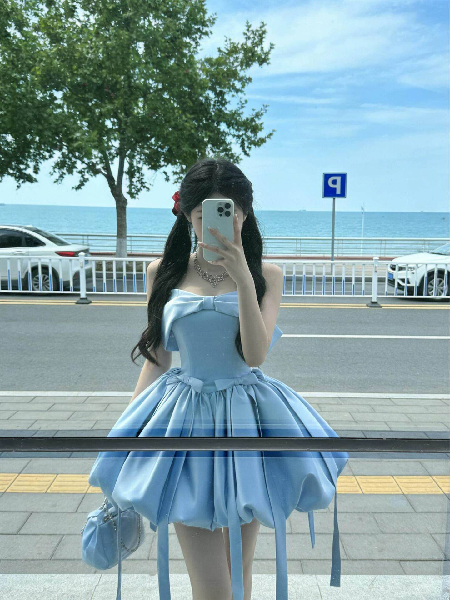 Blue Strapless Short Vacation Dress,Bow A Line Mini Princess Birthday Dress YM2463
