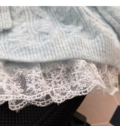Sweet Blue Lace-trimmed Faux Two-piece Sweater With Tie Bow YM2447