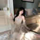 Gentle And Sweet Printed Tulle Stitching Lace Straps Party Dress YM2036