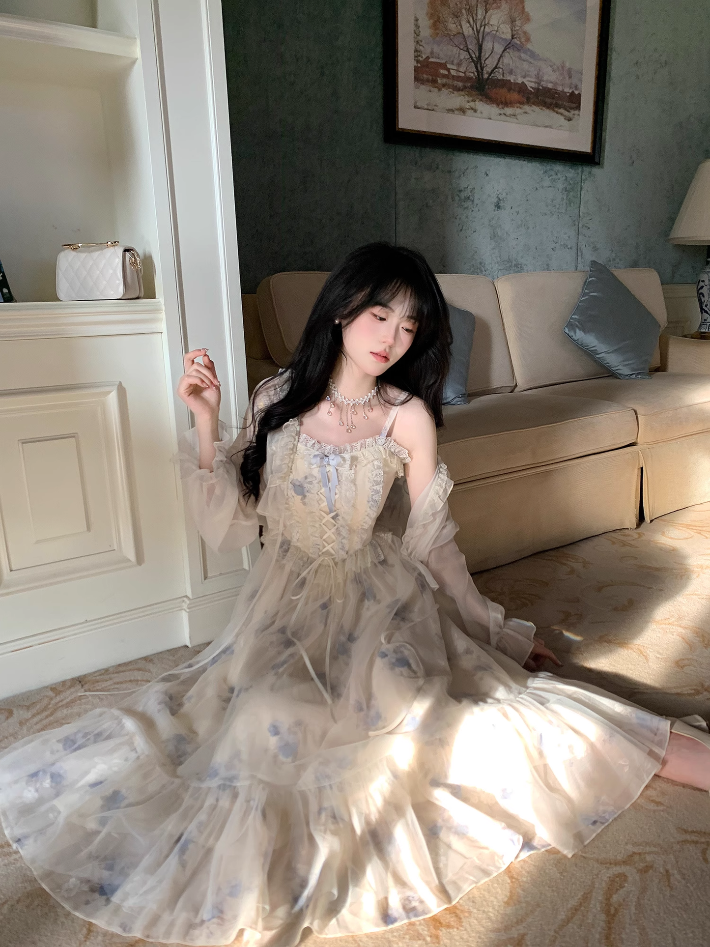 Gentle And Sweet Printed Tulle Stitching Lace Straps Party Dress YM2036