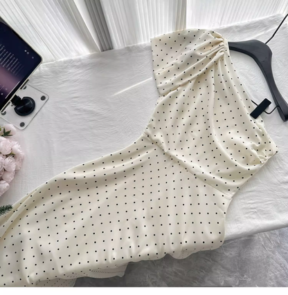 French Off-shoulder Design High-end White Polka Dot Temperament Long Dress YM2094