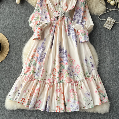 Retro elegant lantern long-sleeved waist printed dress  YM1104