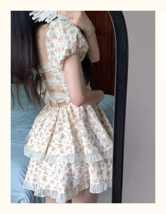 Floral dress with hollow bow on the back Princess Tutu Short Dress  YM1506