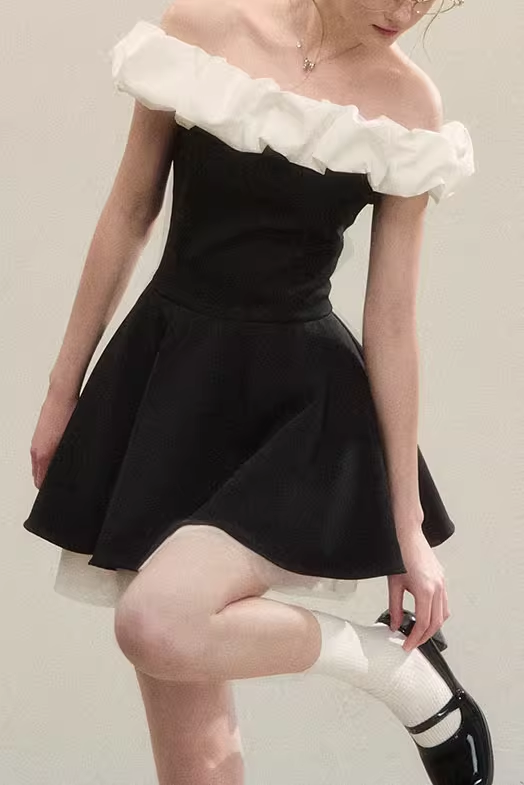 Classy Off The Shoulder ALine Short Dress Black Holiday Dress  YM2164