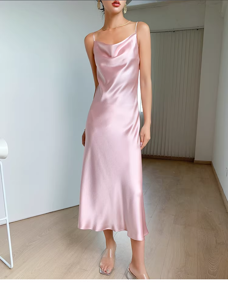 Simple Pink Spaghetti Straps Satin Long Holiday Dress Birthday Dress YM2434