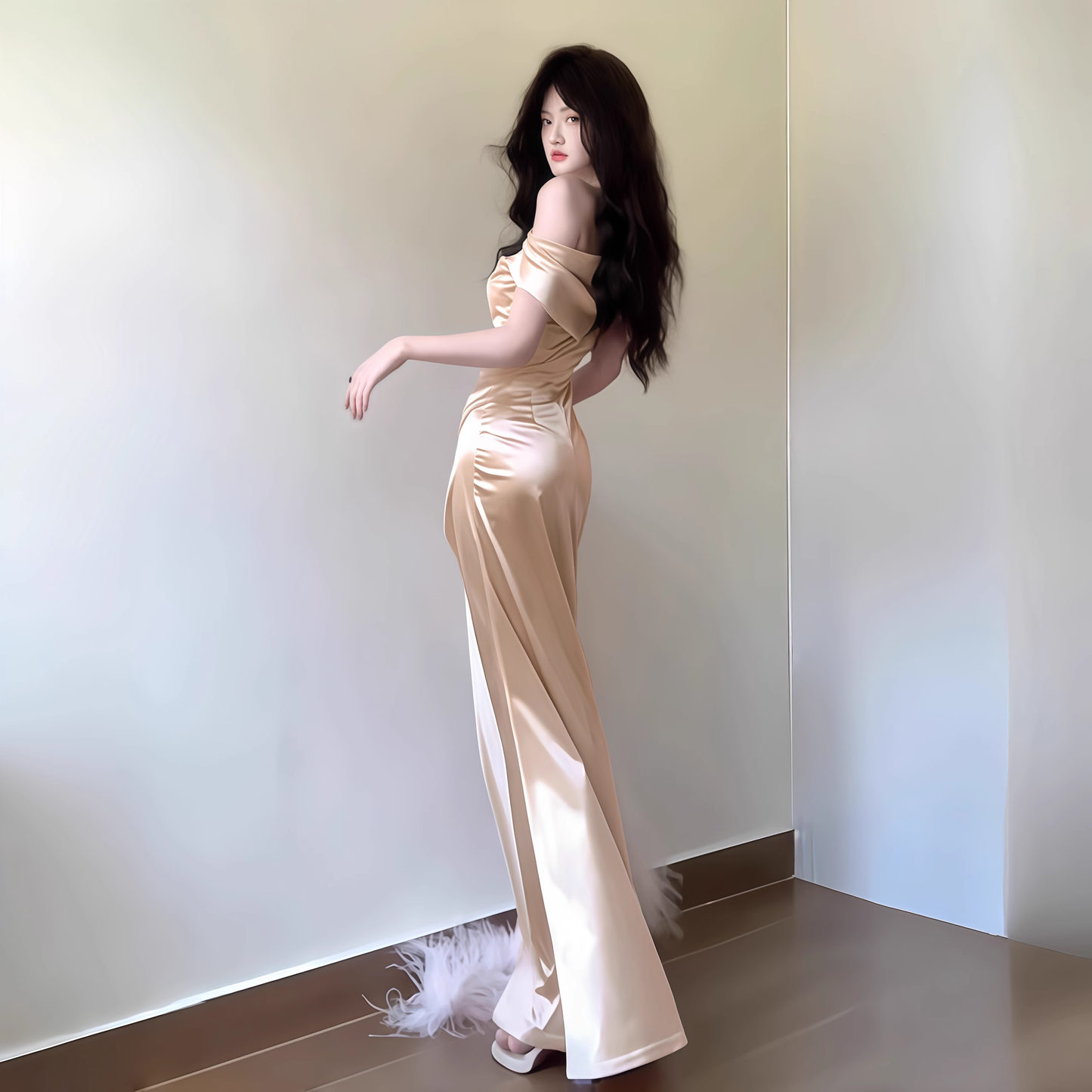 Classy Champagne Off The Shoulder Birthday Party Dress Satin Slit Long Holiday Dress YM2233