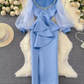 Spring and autumn lantern long-sleeved a-line shirt dress two-piece fishbone vest YM1000