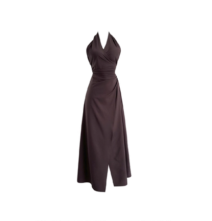 Retro Coffee Color V-neck Halter Dress New Style Waist Slimming Slit Backless Long Holiday Dress YM2321