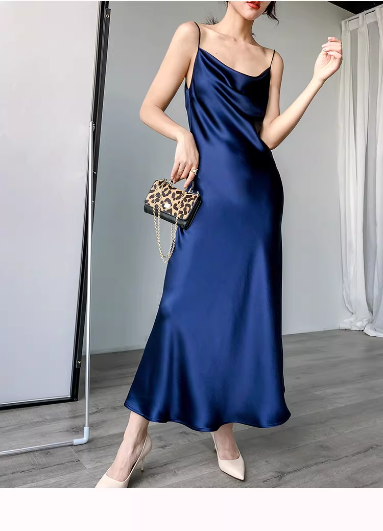 Classy Navy Blue Straps Satin Long Party Dress Birthday Dress YM2435