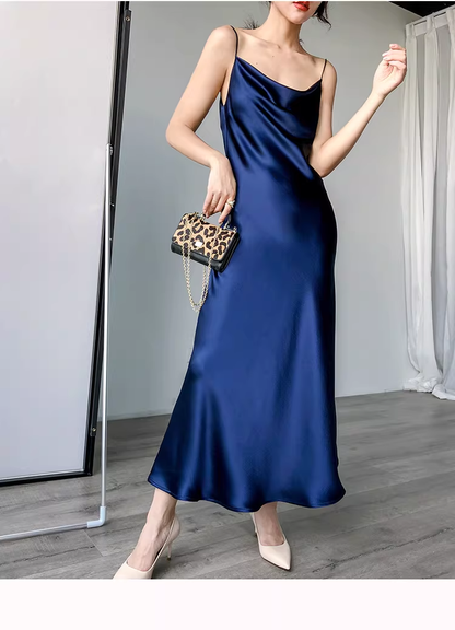 Classy Navy Blue Straps Satin Long Party Dress Birthday Dress YM2435