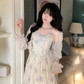 Gentle And Sweet Printed Tulle Stitching Lace Straps Party Dress YM2036