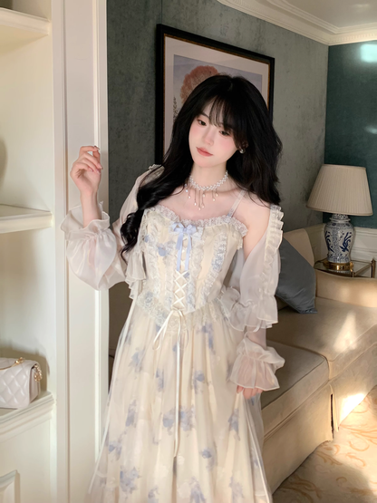 Gentle And Sweet Printed Tulle Stitching Lace Straps Party Dress YM2036