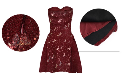 Red Strapless Short Prom Dress Sequins Birthday Pleated Party Dress YM1980