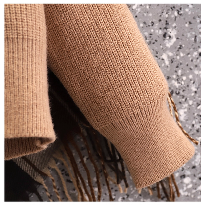 Fake Two-Piece Plaid Tassel Shawl Sweater Autumn Fashion Slim Temperament Knitted Jacket YM2296