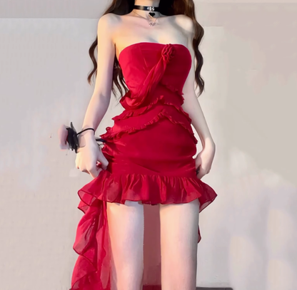 Sexy Red Rose Flower Chiffon Halter Neck strapless Holiday Dress Birthday Outfits YM2129