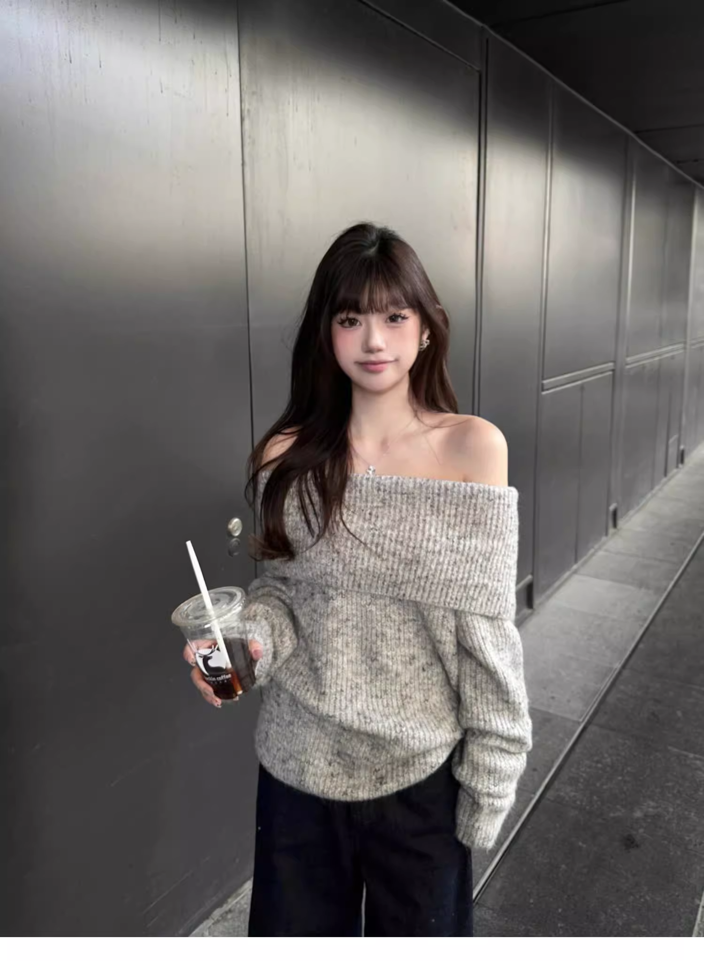 Gray Off-shoulder Pullover Sweater YM2398