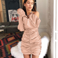 off the shoulder pleated long-sleeve wrap-back dress prom dress ,YM04