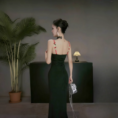 Black Suspender Holiday Dress Sexy Embroidered Sheath Long Birthday Dress YM2266