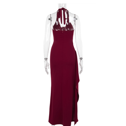 Sexy Red Halter High Slit Long Party Dress V Neck Vacation Dress YM2205