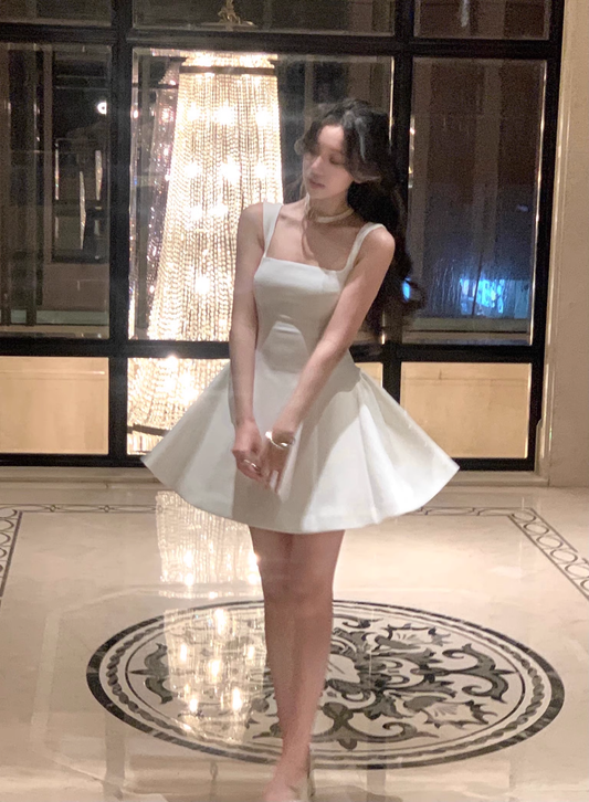 Cute White U-Neck Suspender Birthday Dress Short A Line Party Dress YM2058