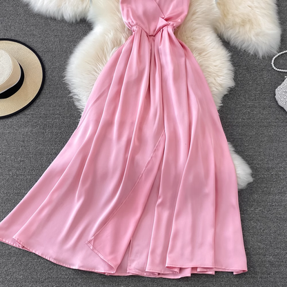 Pink V Neck Backless Summer Dress ,YM216