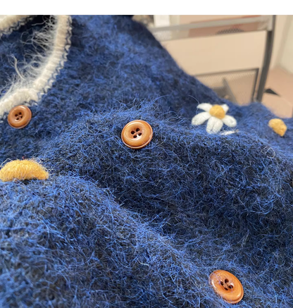 Retro Embroidered Cardigan Blue Knit Sweater YM2445