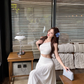 Off-shoulder Sleeveless White With Hollow Slit A-line  Long Holiday Dress Vacation Dress YM2109