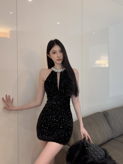 Heavy diamond halter dress sexy hollow sequins slim dress YM1923
