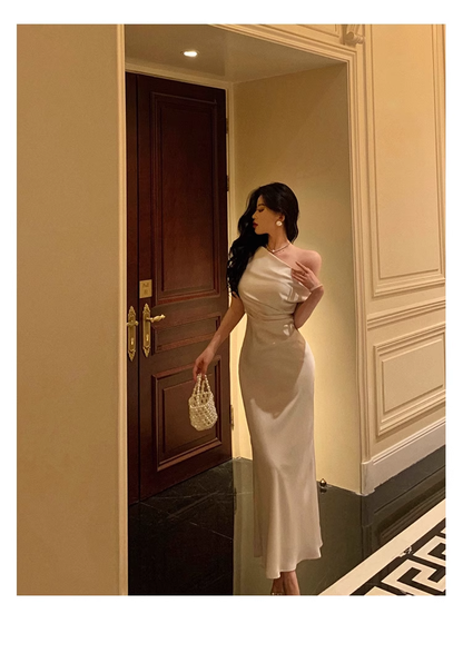 French One Shoulder White Prom Dress Evening Dress YM1606