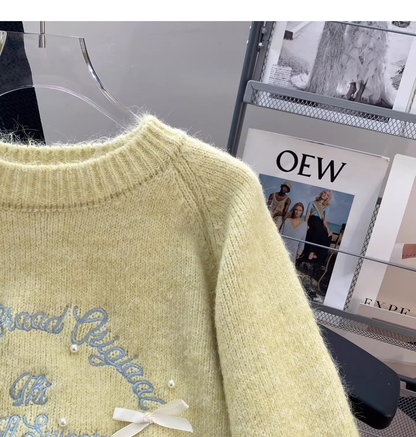 Cute Apricot Embroidered Bow Pullover Sweater YM2426