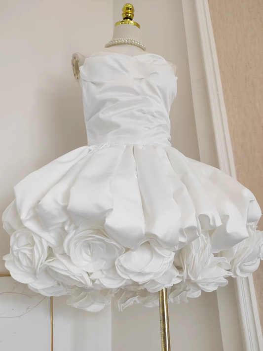 Classy White 3D Flower Pleated Mini Party Dress Strapless Birthday Dress YM2097