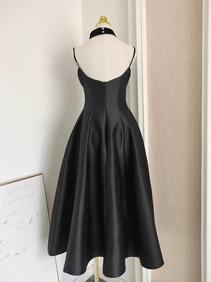 Classy Satin Velvet Stitching A Line Party Dress Black Birthday Dress YM2105