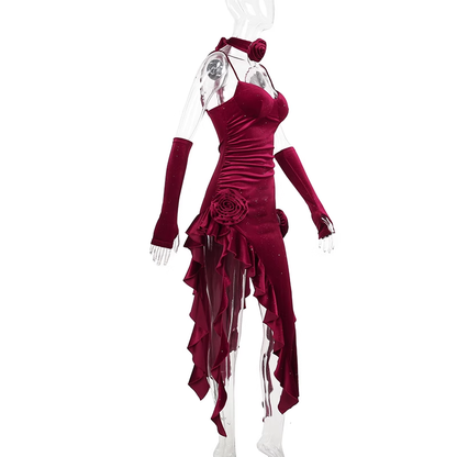 Sexy Spaghetti Straps Red Velvet Ruffle Slit Party Dress Birthday Dress YM2210