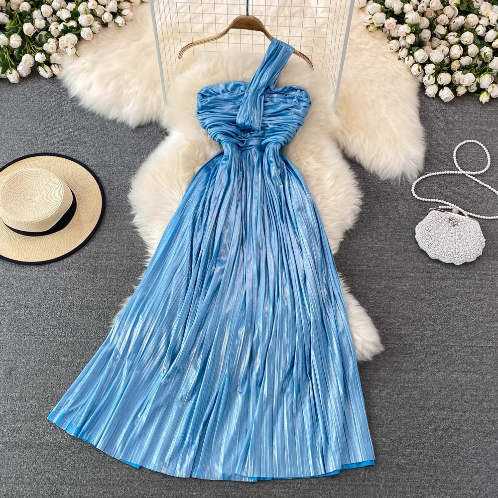 Metallic Halter Neck Bandeau Off-Shoulder Pleated Dress,YM214