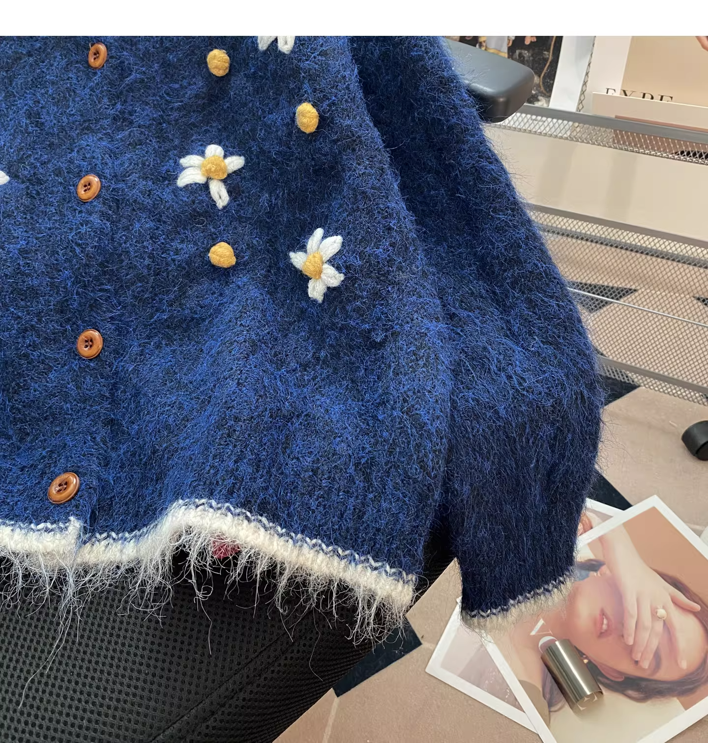Retro Embroidered Cardigan Blue Knit Sweater YM2445