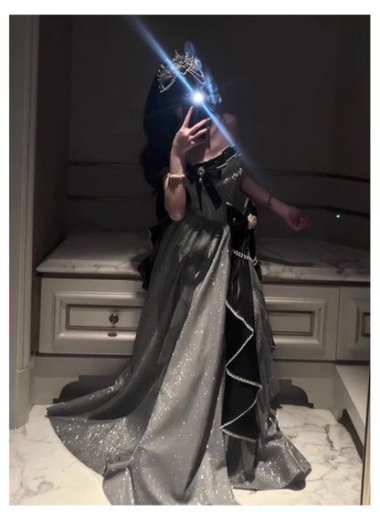Charming Silver Gray Long Evening Dress Lolita Birthday Party Dress YM2141