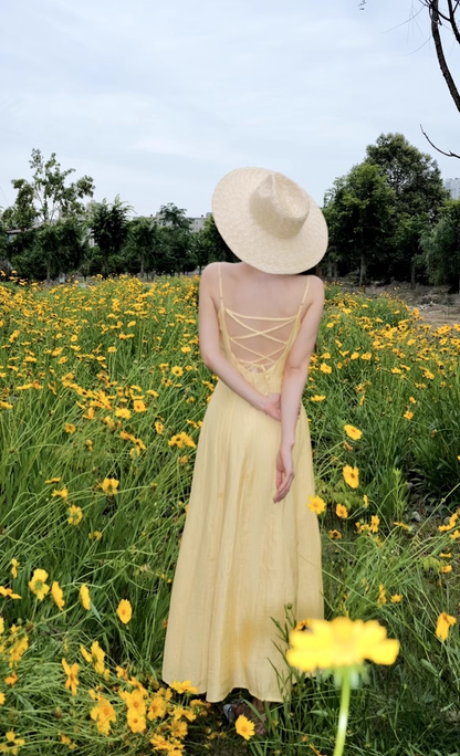 Yellow Backless Suspender Long Vacation Dress Women's Seaside Holiday Dress YM2316