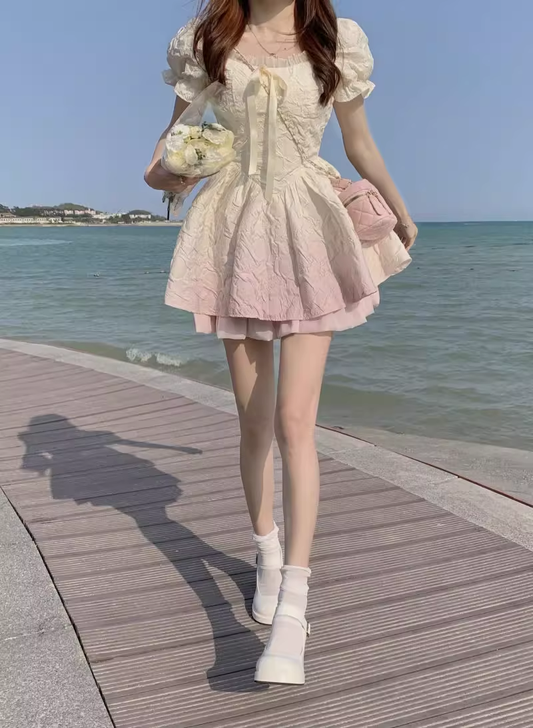 Gradient Square Neck Puff Sleeve Dress Princess Tutu Short Birthday Dress YM2323