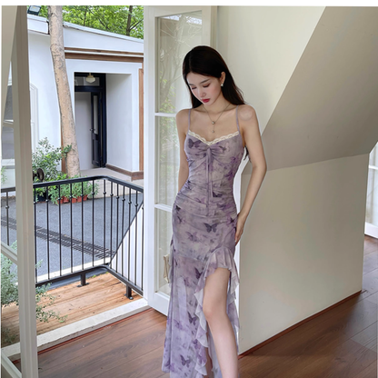 Purple Butterfly Print Suspender Vacation Dress New Irregular Long Holiday Dress YM2261