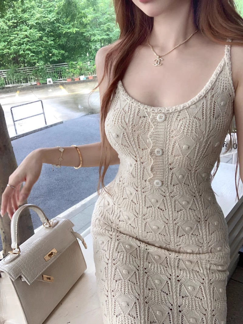 Hollow Knitted Suspender Dress Sexy Slit Long Dress YM1831