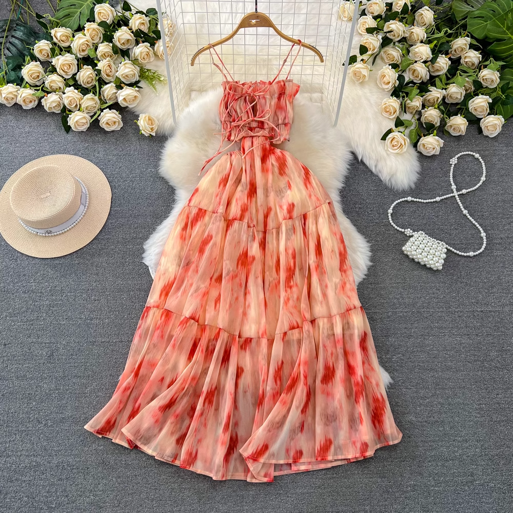 A-line printed suspender dress seaside vacation dress  YM941