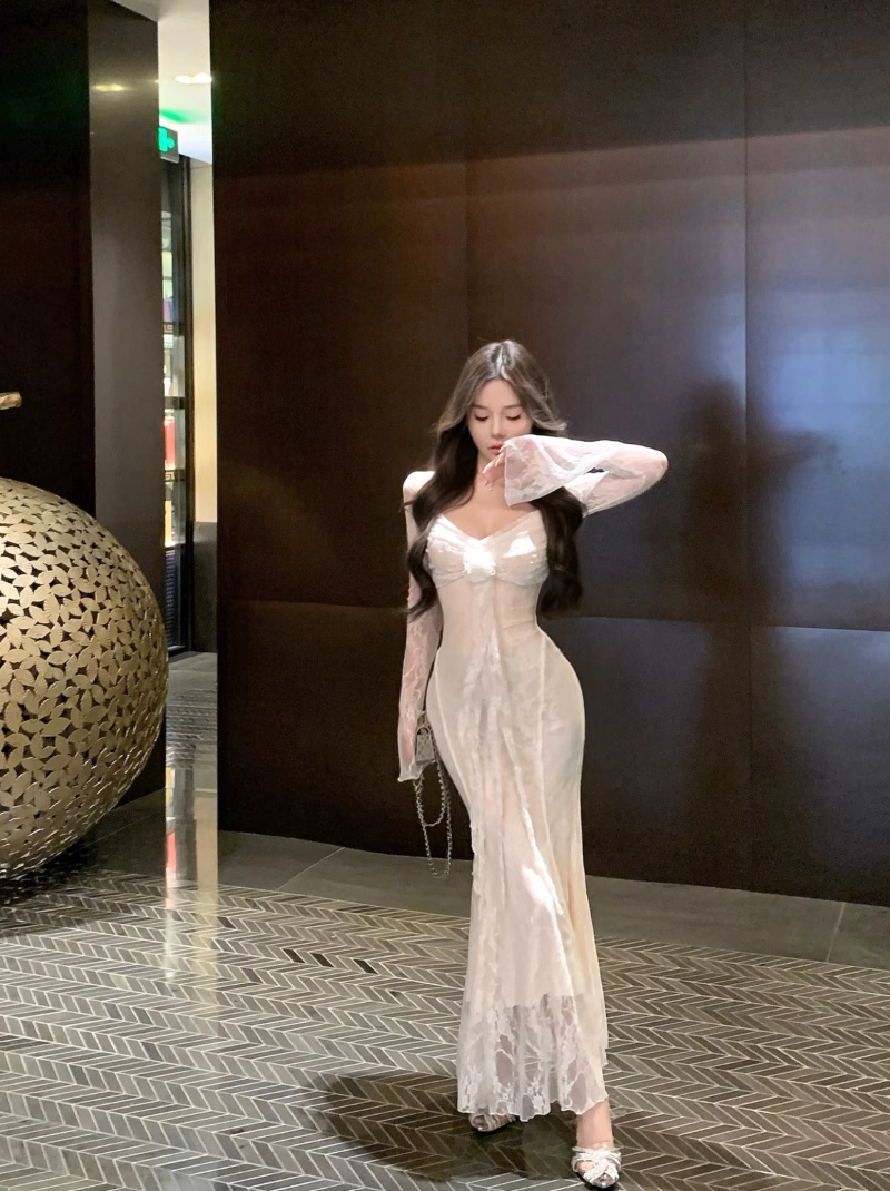 White Lace Splicing Dress Women's Long Mermaid Dress YM1816