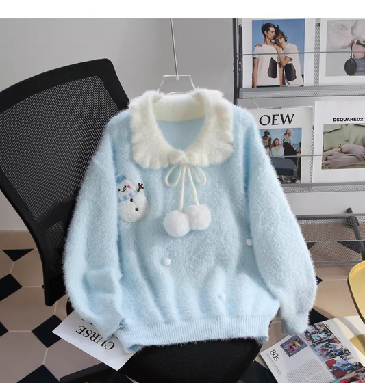 Sweet Collar Blue Snowman Knit Sweater YM2429