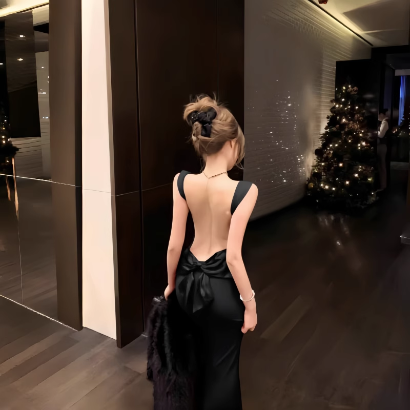 Sexy Black Bow Backless Spaghetti Straps Long  Birthday Dress Holiday Dress YM2223