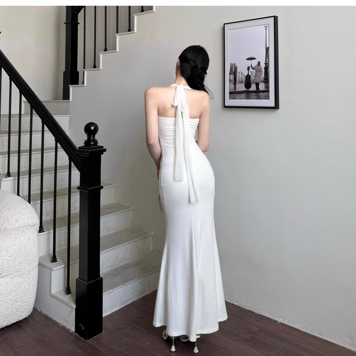White Halter Neck Long Holiday Dress Sexy Lace Sheath Birthday Dress  YM2278